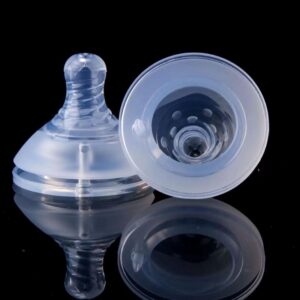 Liquid silicone baby nipple for anti-colic feeding systems.