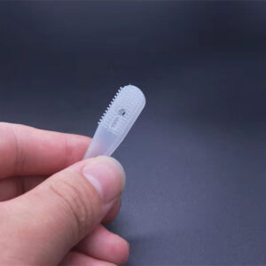 Soft silicone toothbrush head for infant oral care products.
