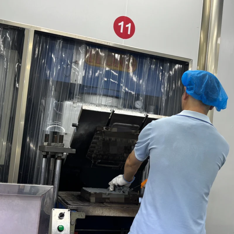 Manual loading of HCR solid silicone pre-forms into a multi-cavity compression mold for vulcanization.